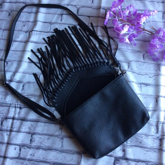 🌺 PURSE FRINGE CROSSBODY PURSE BAG BOHO BLACK LUV - Picture 3 of 8